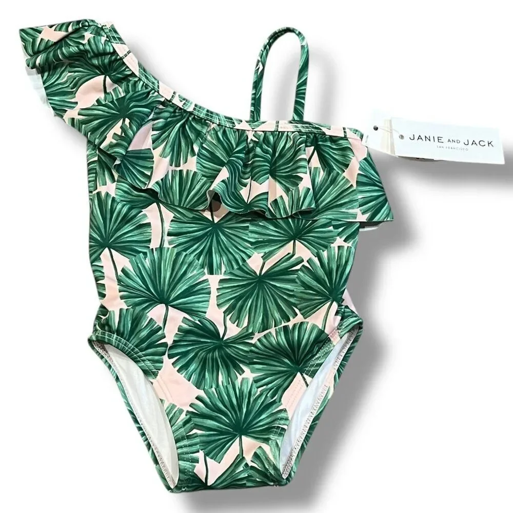 NWT Janie & Jack Tropical Leaf Ruffle Swimsuit Size 12-18M